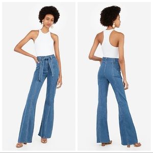 Express Super High Waisted Seamed Dark Wash Bell Flare Tie Waist Jeans 6 SHORT